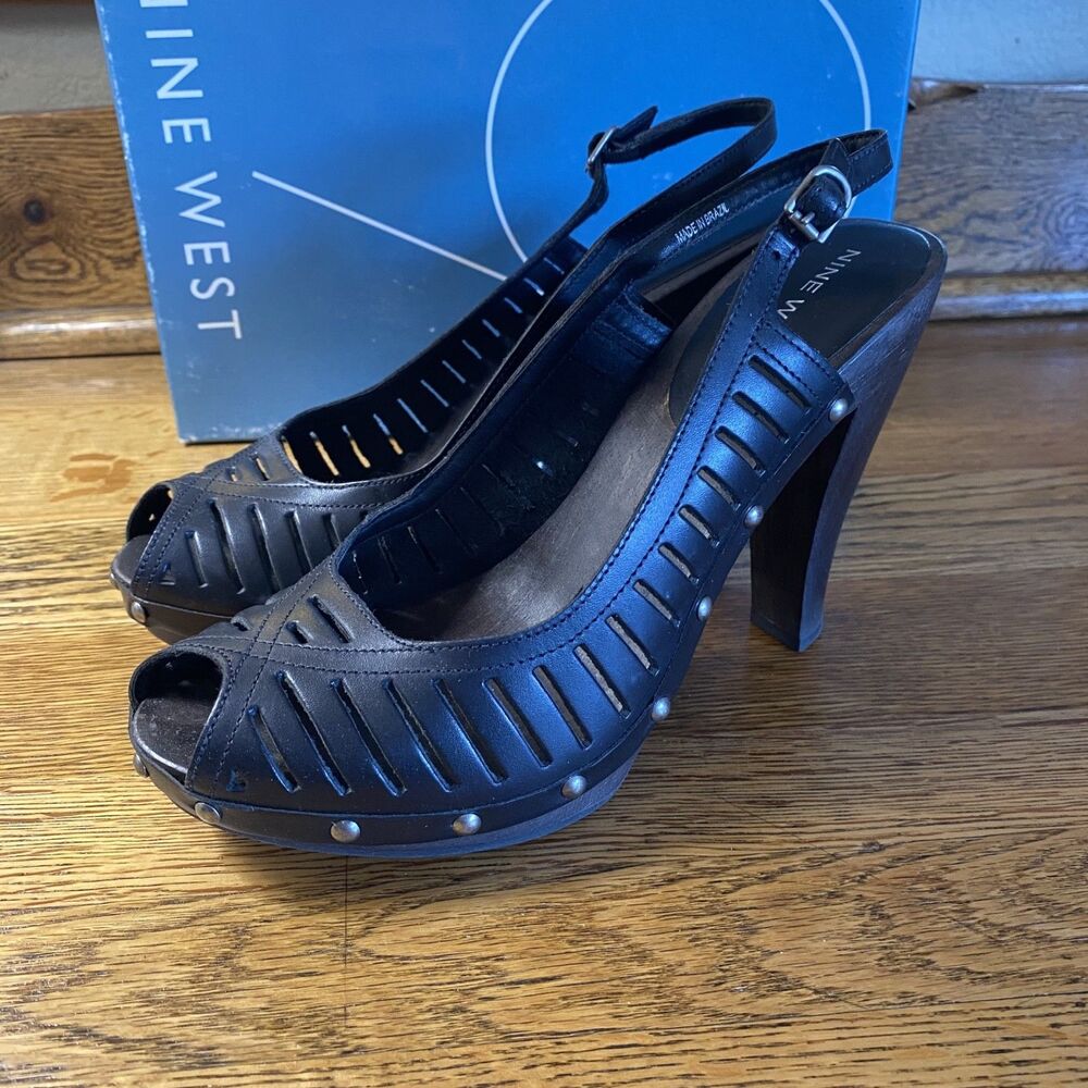 Nine West Womens Valentined Black Leather Peep Toe Heels Sz 7 Brown Block Heel